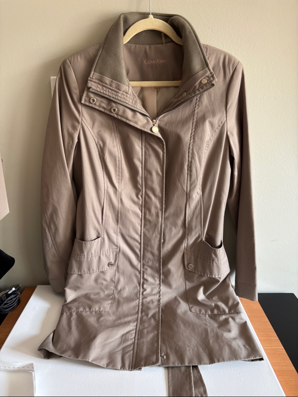 Calvin Klein Women's Light Taupe Long Trench Coat